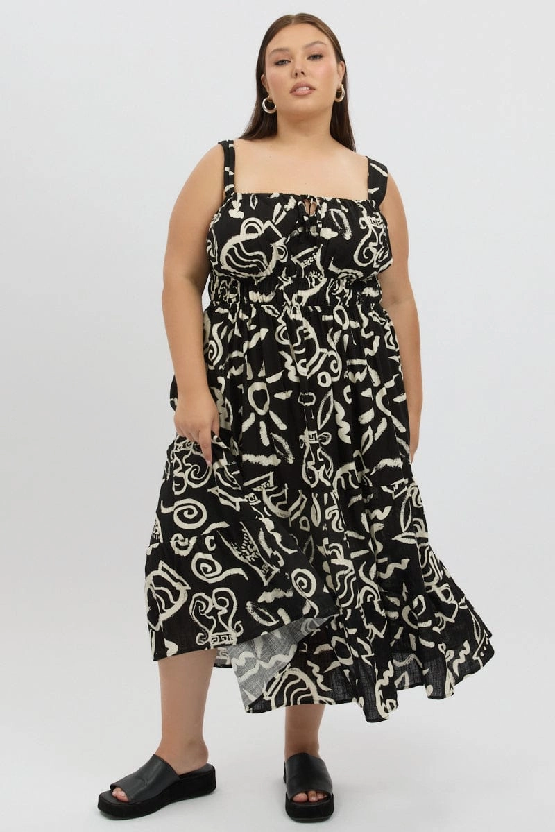 Anytime Wear Black Abstract Midi Dress Sleeveless Ruched Bust Tiered