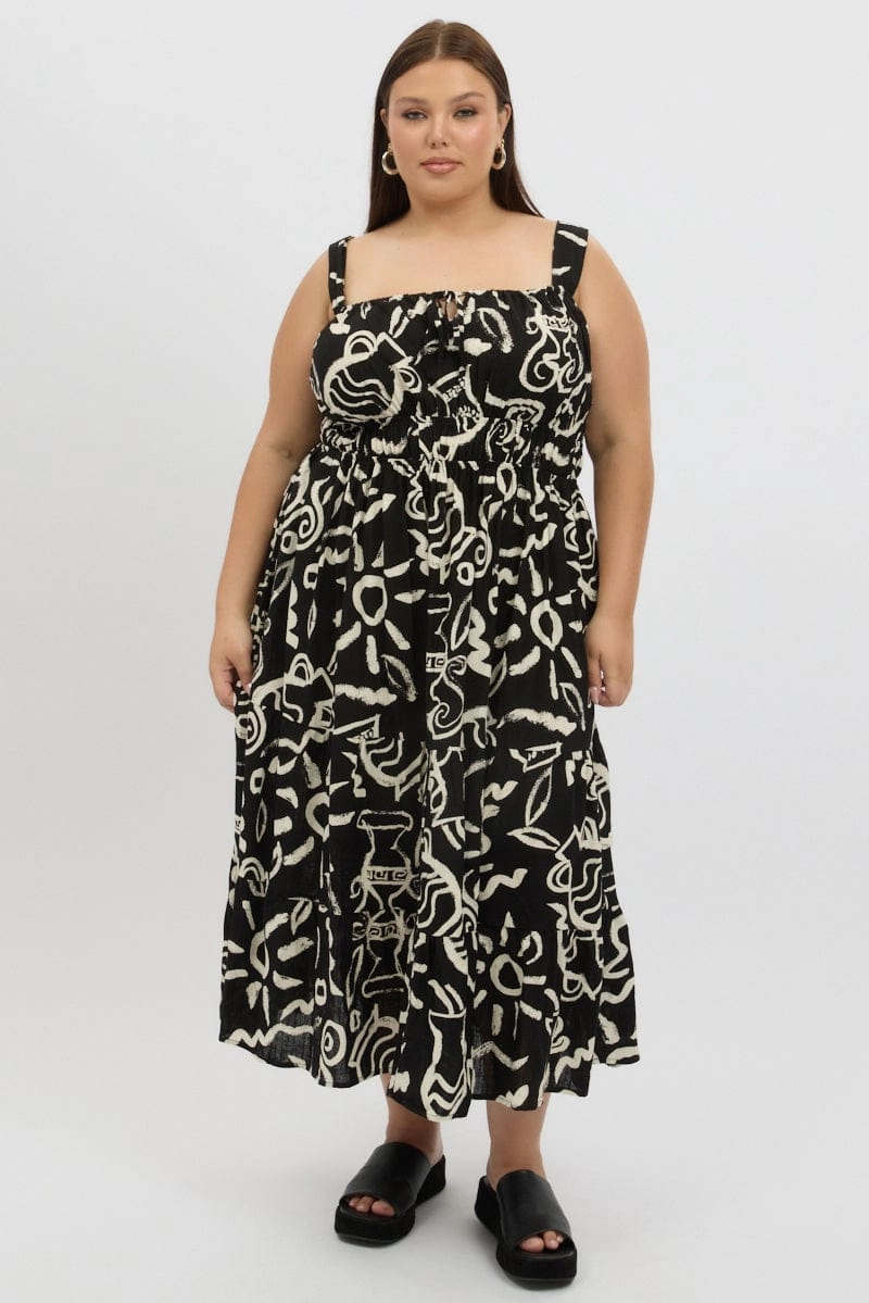 Understated Charm Black Abstract Midi Dress Sleeveless Ruched Bust Tiered