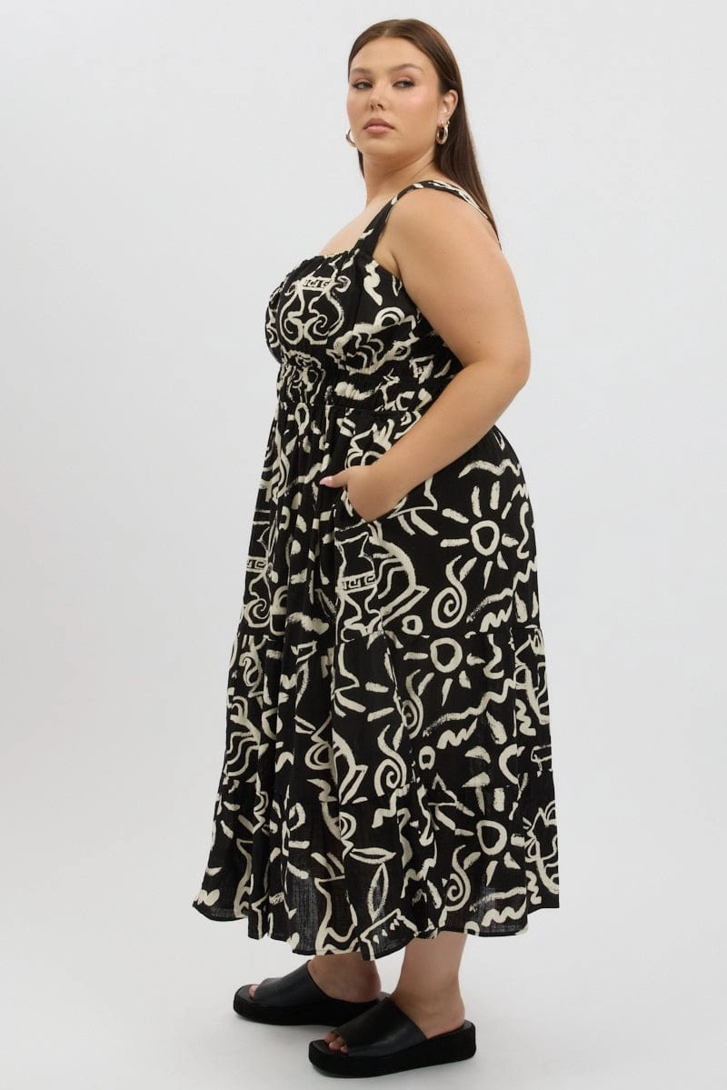 Seasonal Layering Flattering Waist Black Abstract Midi Dress Sleeveless Ruched Bust Tiered