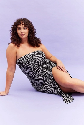 Black Animal Print Maxi Bodycon Dress Strapless Side Split Mesh Bold Design