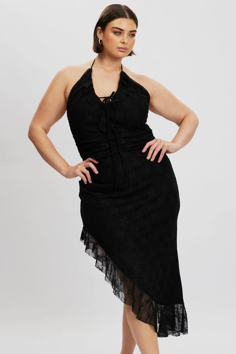 Subtle Look Black Asymmetric Lace Bodycon Dress