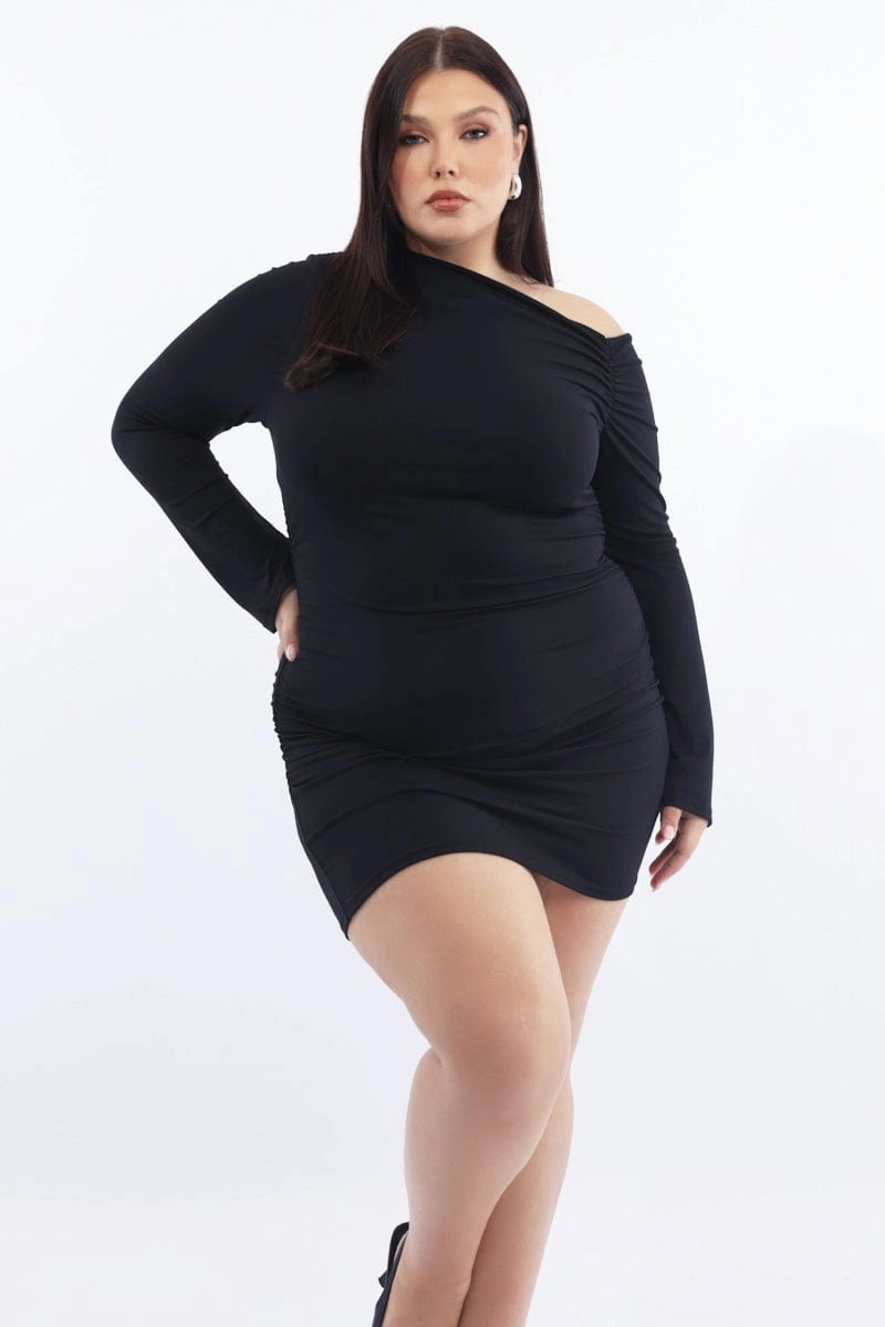 cut out Flowing Fit Black Asymmetric Long Sleeve Ruched Supersoft Mini Dress