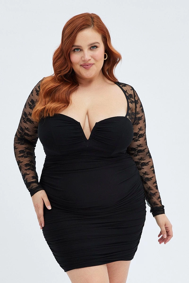 Black Bodycon Dress Long Sleeve Lace Mesh Smart Waistband Design Silky Shape