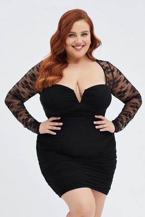 Black Bodycon Dress Long Sleeve Lace Mesh Fit Vibe Dreamy Drape