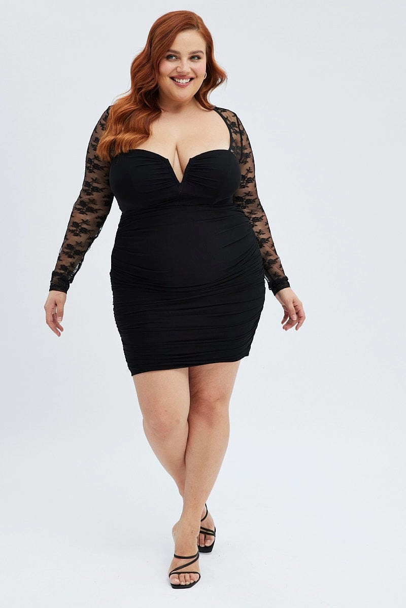 Black Bodycon Dress Long Sleeve Lace Mesh Everyday Piece