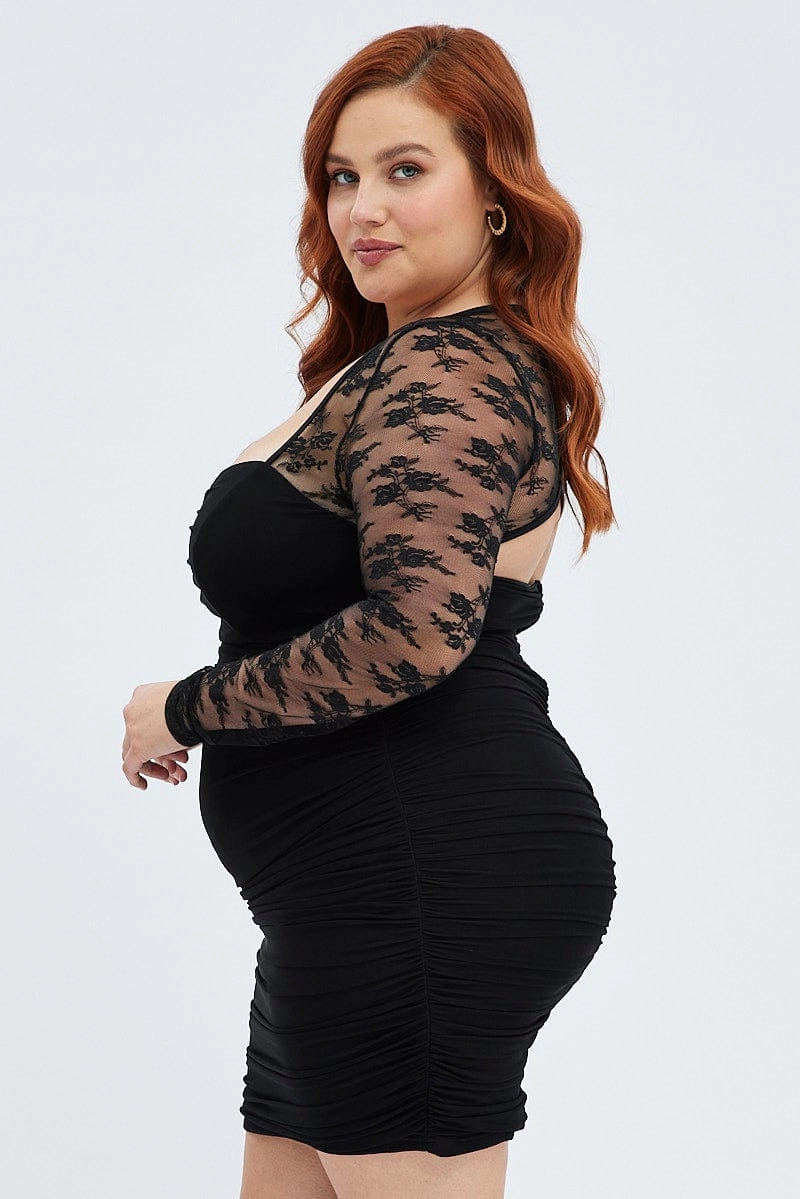 Black Bodycon Dress Long Sleeve Lace Mesh Modest Light Relaxed Mood
