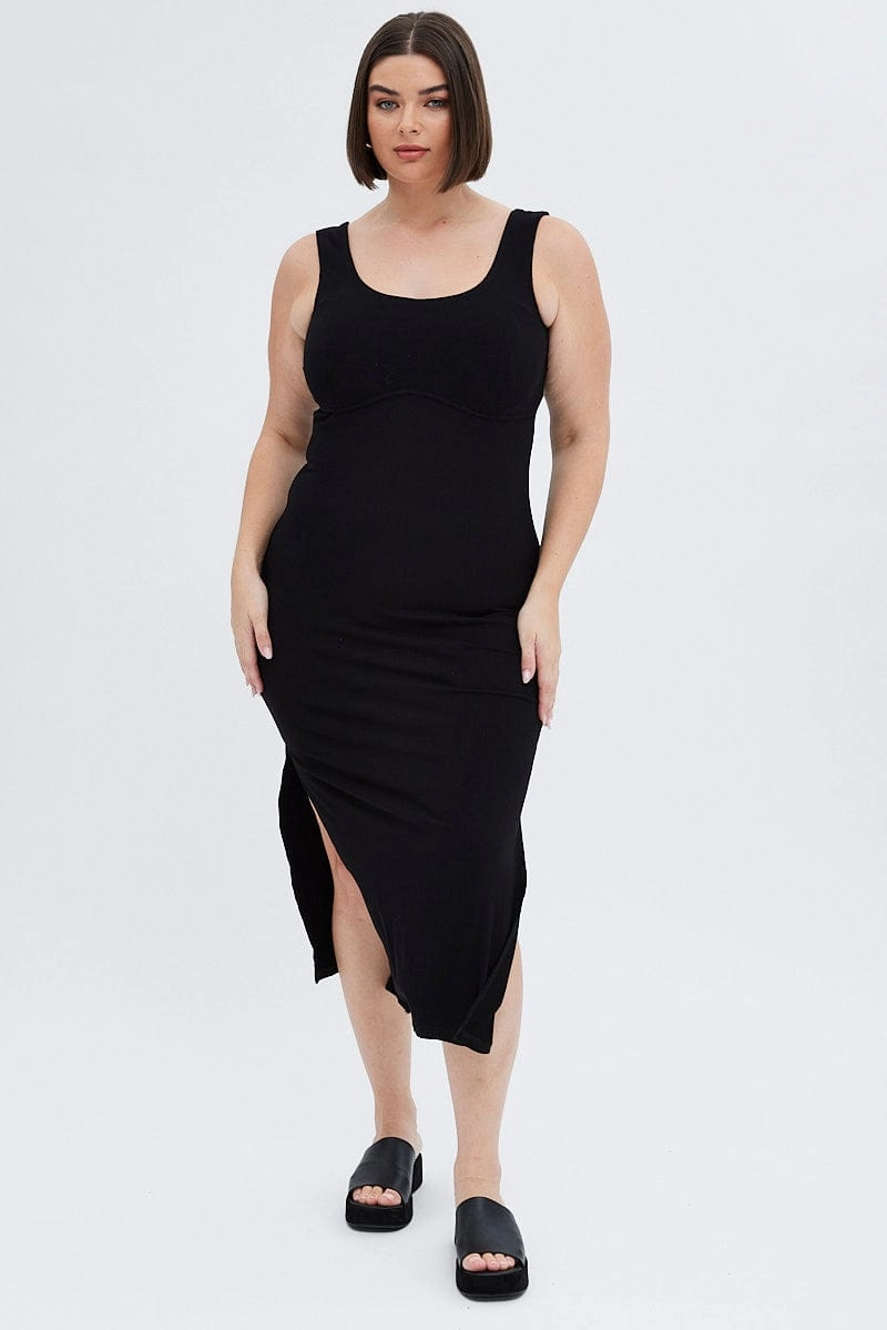 Wide Hemline Black Bodycon Dress Rib Jersey Sleeveless Midi