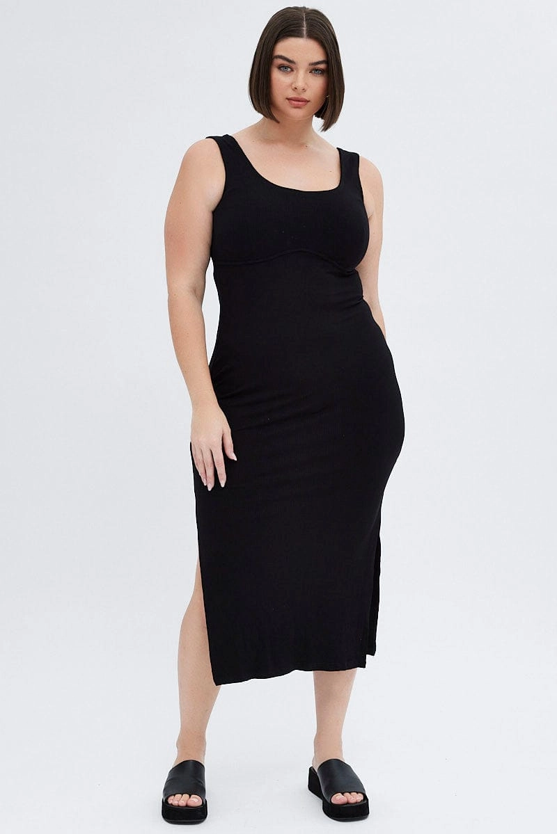 Breathable Black Bodycon Dress Rib Jersey Sleeveless Midi