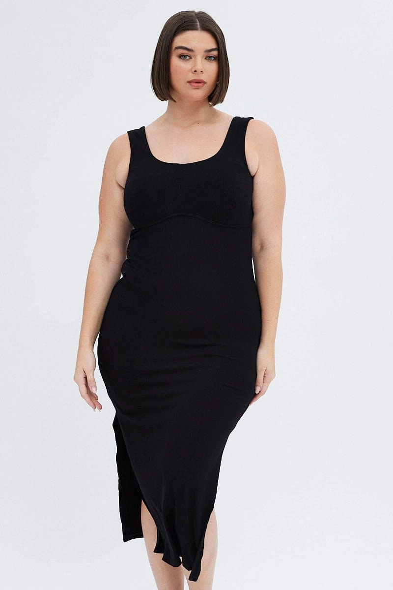 Lightweight Fabric Minimal Tone Black Bodycon Dress Rib Jersey Sleeveless Midi