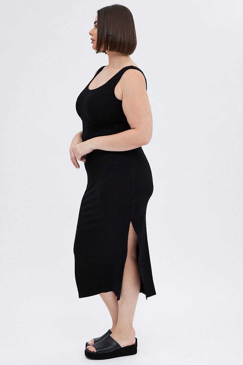 V-Neck Perfect Fit Black Bodycon Dress Rib Jersey Sleeveless Midi