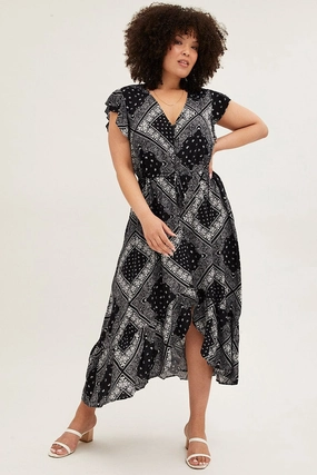 Black Boho Maxi Dress Bandana Button Front High Low Work Chic Fair-Trade