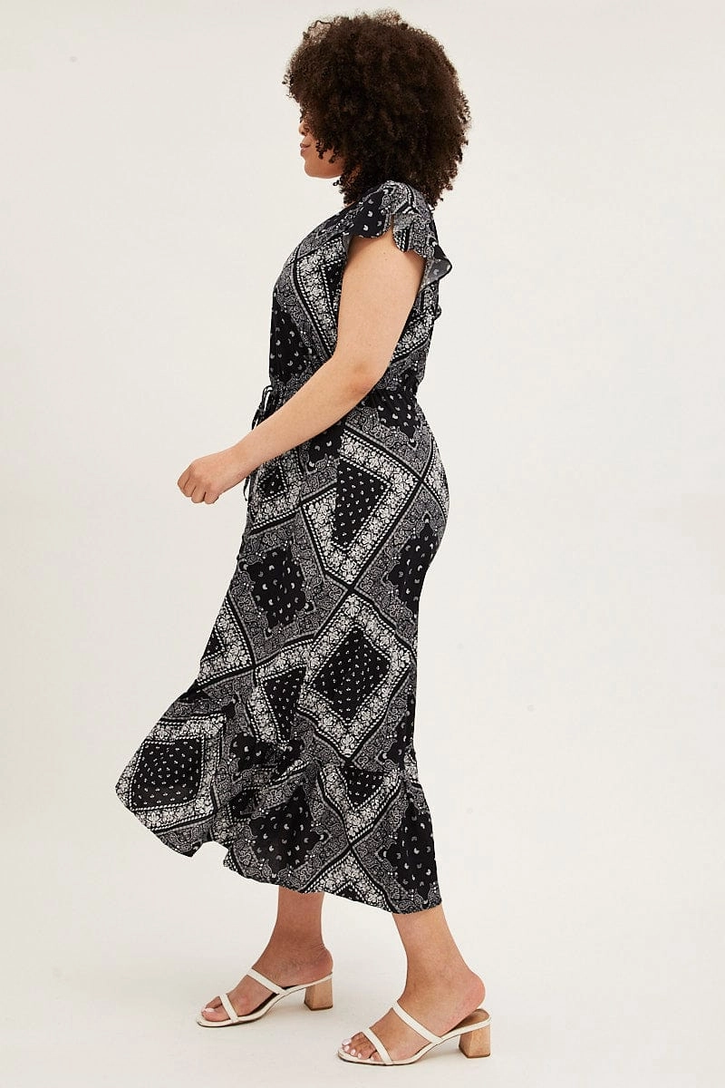 Fashionable Design Light Fall Black Boho Maxi Dress Bandana Button Front High Low