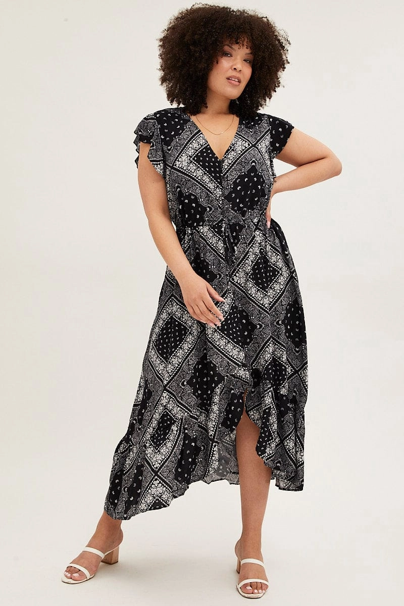 Black Boho Maxi Dress Bandana Button Front High Low Work Chic Fair-Trade