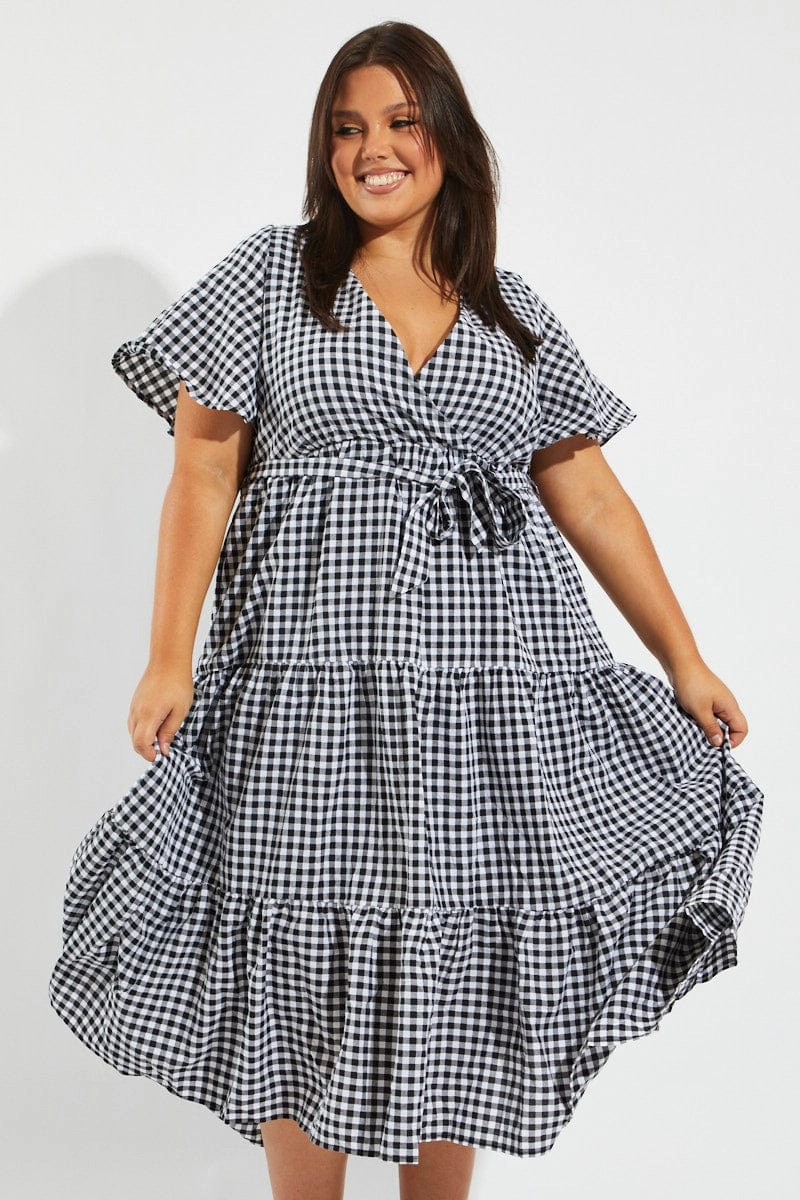 flowy style Black Check Midi Dress Short Sleeve Wrap Front Self Tie