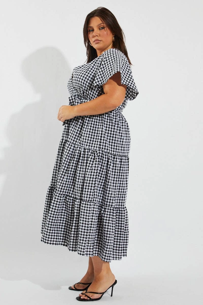 Work Pairing Soft Drape Black Check Midi Dress Short Sleeve Wrap Front Self Tie