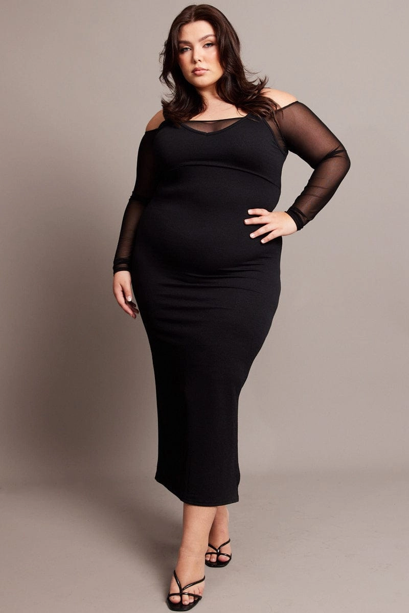 Black Cold Shoulder Bodycon Maxidress With Mesh Sleeves Urban Touch