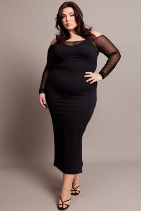 Black Cold Shoulder Bodycon Maxidress With Mesh Sleeves Urban Touch