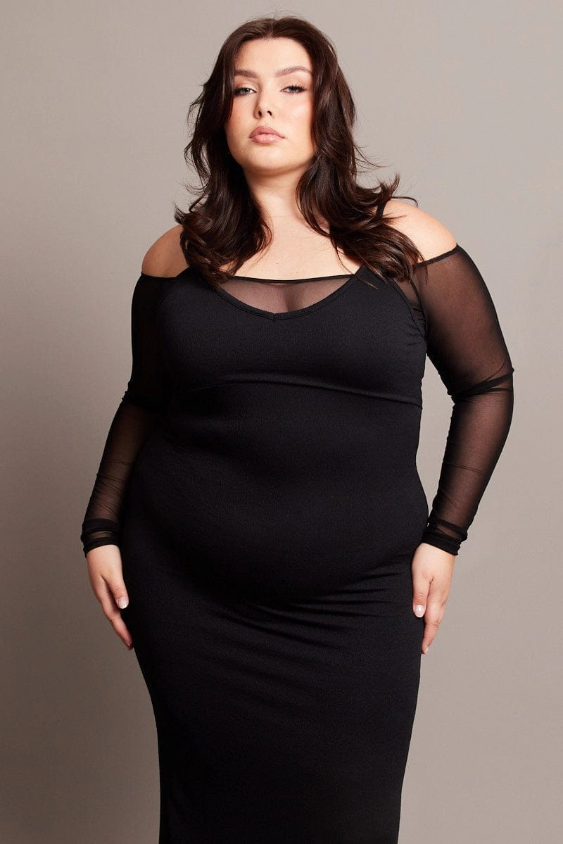 Black Cold Shoulder Bodycon Maxidress With Mesh Sleeves Pure Color Playful touch