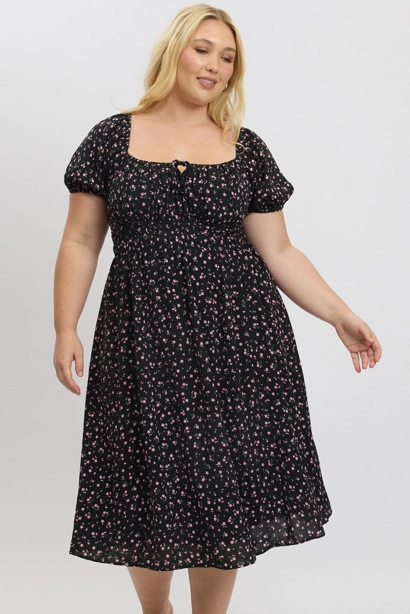 Black Ditsy Midi Dress Short Sleeve Ruched Bust Vibrant Layer