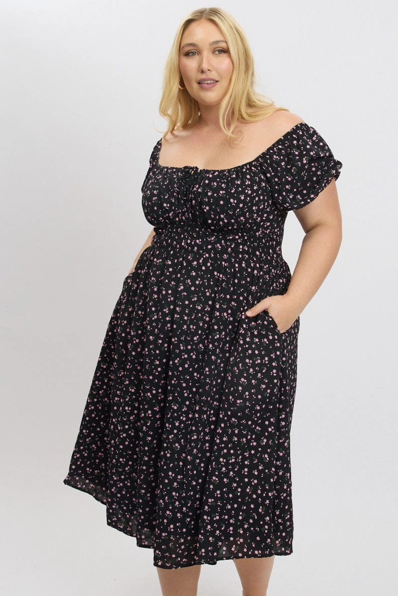 Black Ditsy Midi Dress Short Sleeve Ruched Bust Casual Chic Fashion-Forward Fit