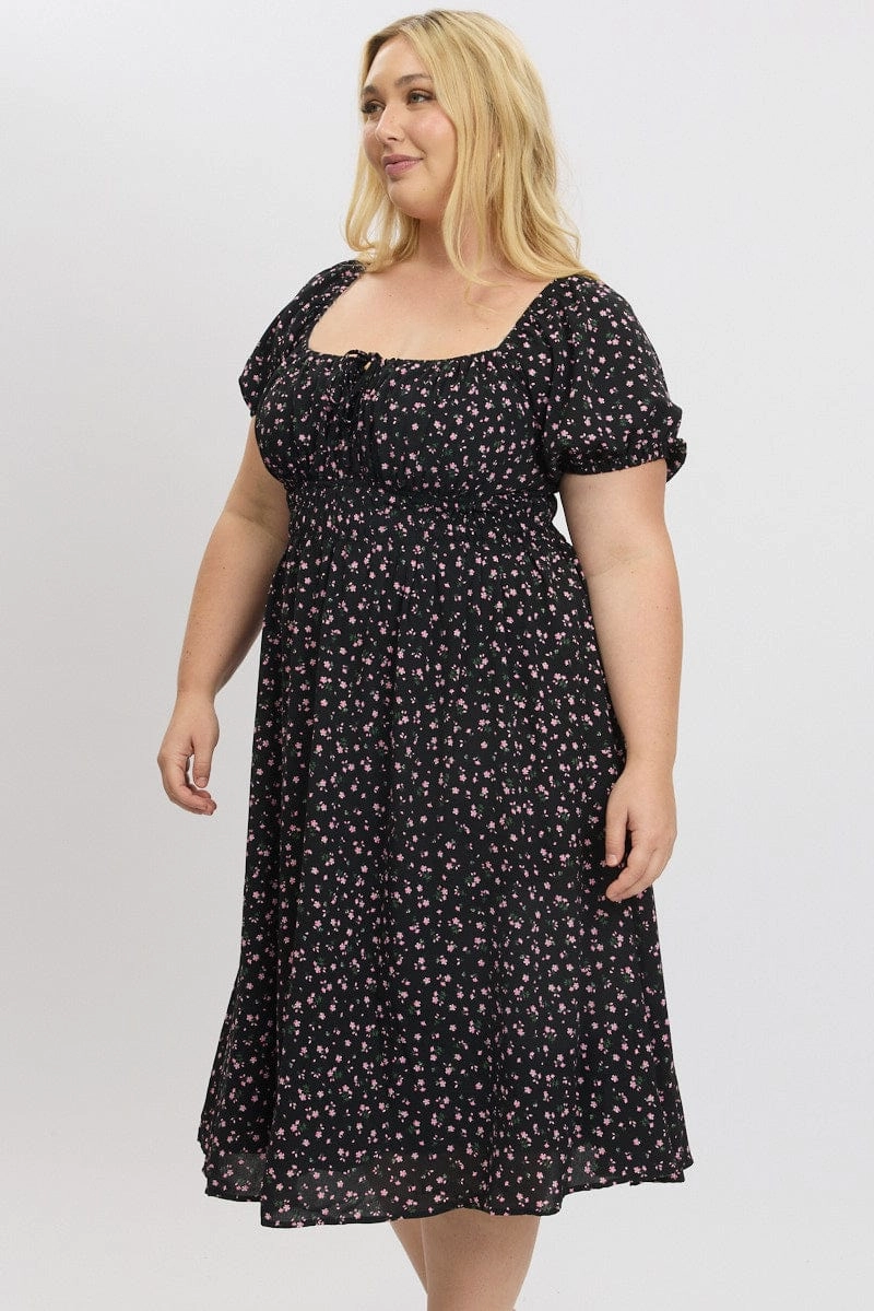 Sleek Fit Black Ditsy Midi Dress Short Sleeve Ruched Bust
