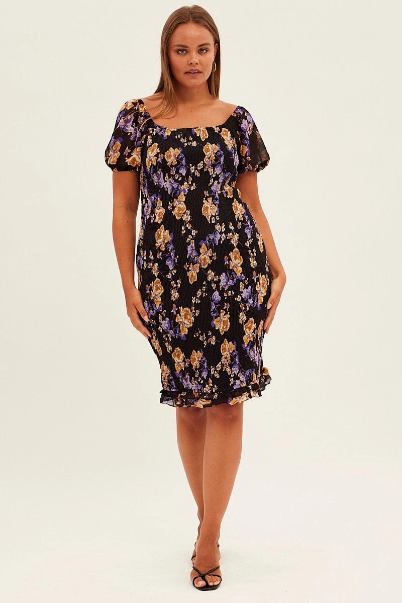 Black Floral Bodycon Dress Short Sleeve Off Shoulder Shirred Sheer Element Fit for All Seasons