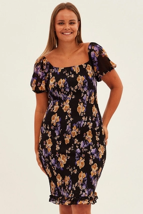 Black Floral Bodycon Dress Short Sleeve Off Shoulder Shirred Formal Aura NonIrritatingLining