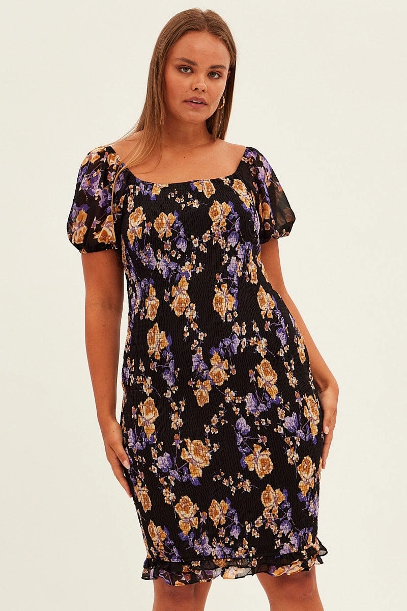 Black Floral Bodycon Dress Short Sleeve Off Shoulder Shirred Soft-Lining Feminine Details