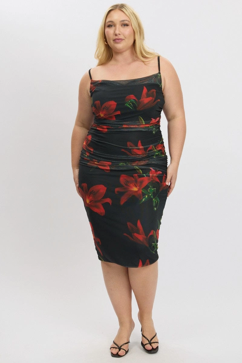 Light Mood Art Inspired Black Floral Cowl Neck Shoestring Strap Bodycon Maxi Dress