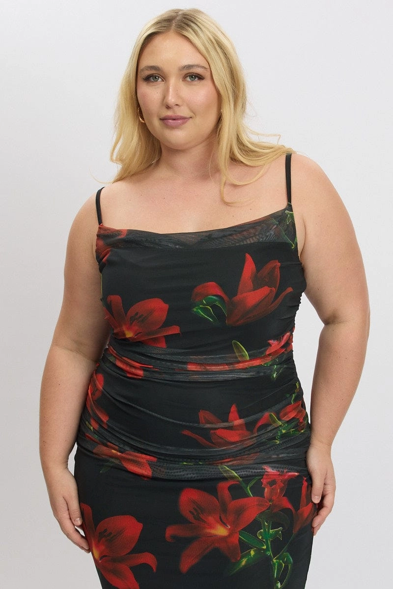 Black Floral Cowl Neck Shoestring Strap Bodycon Maxi Dress Warm Pink