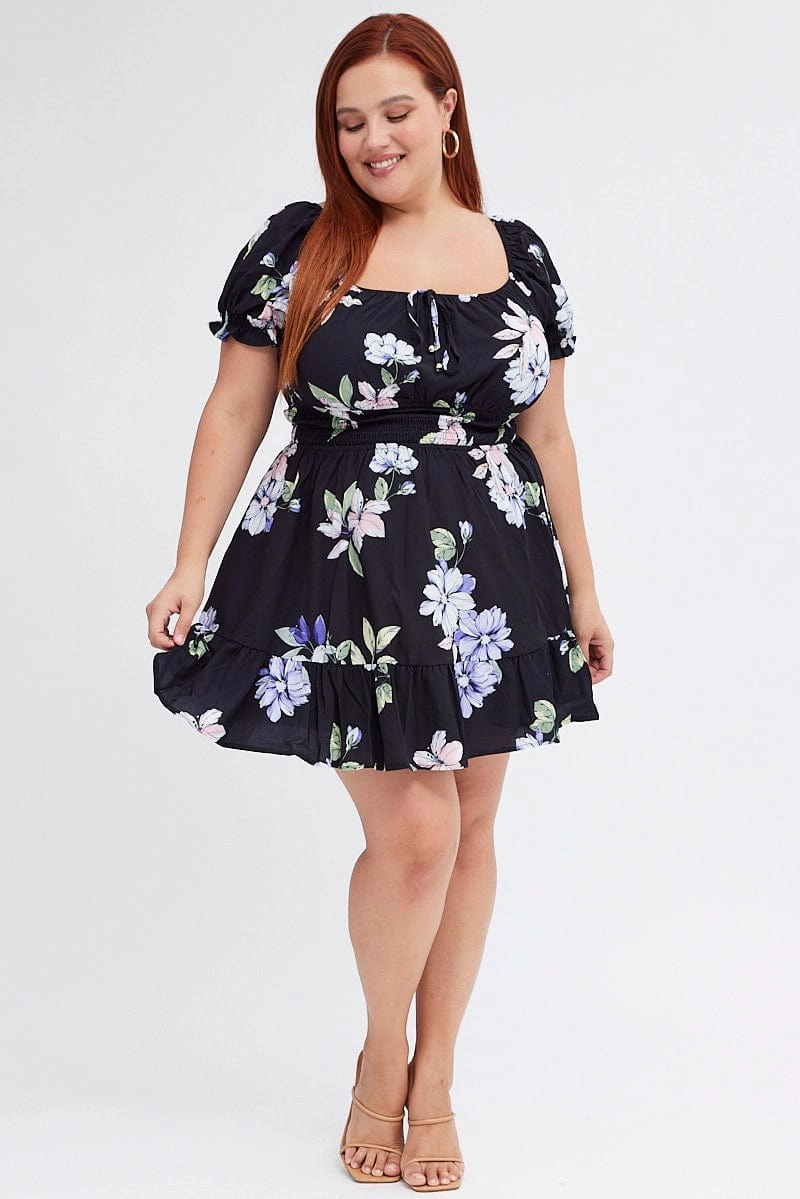 Black Floral Fit And Flare Dress Short Sleeve Gathered Bust Travel Ready Calm Touch