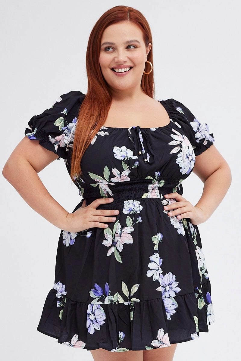 Black Floral Fit And Flare Dress Short Sleeve Gathered Bust Multipurpose Edgy Twist
