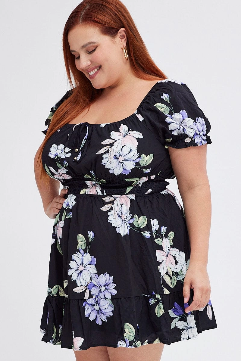 Black Floral Fit And Flare Dress Short Sleeve Gathered Bust Date Nightwear