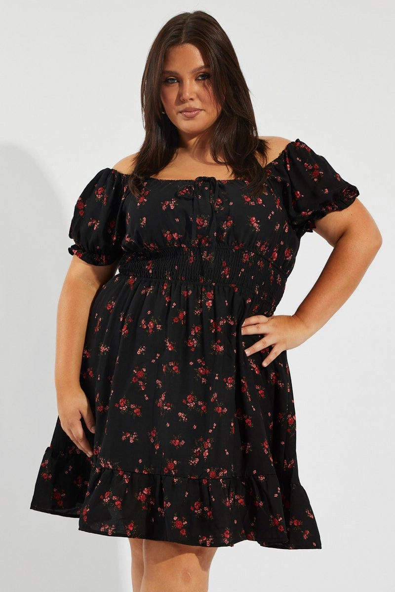Black Floral Fit And Flare Dress Short Sleeve Ruched Bust Timeless Fashion Fresh Palette