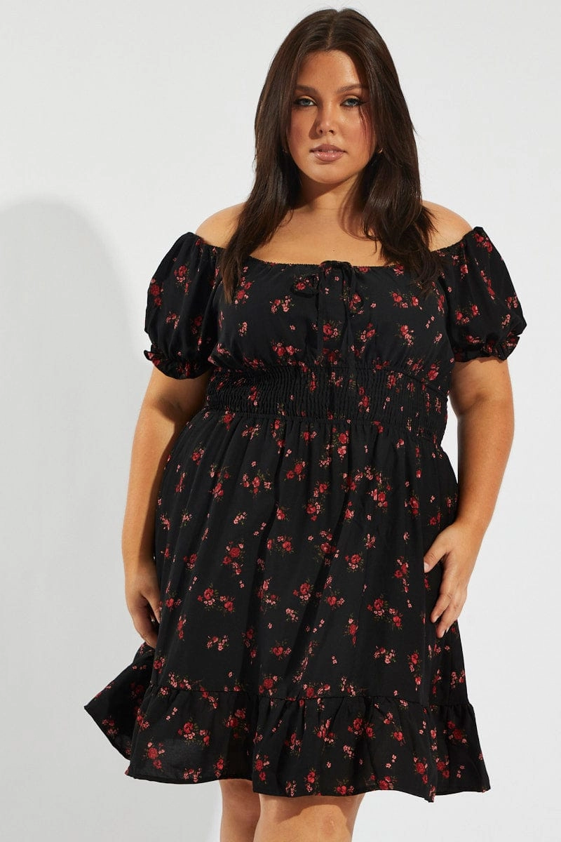 Black Floral Fit And Flare Dress Short Sleeve Ruched Bust Formal Occasion