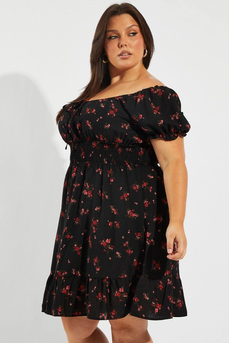 Black Floral Fit And Flare Dress Short Sleeve Ruched Bust Tulle Flow