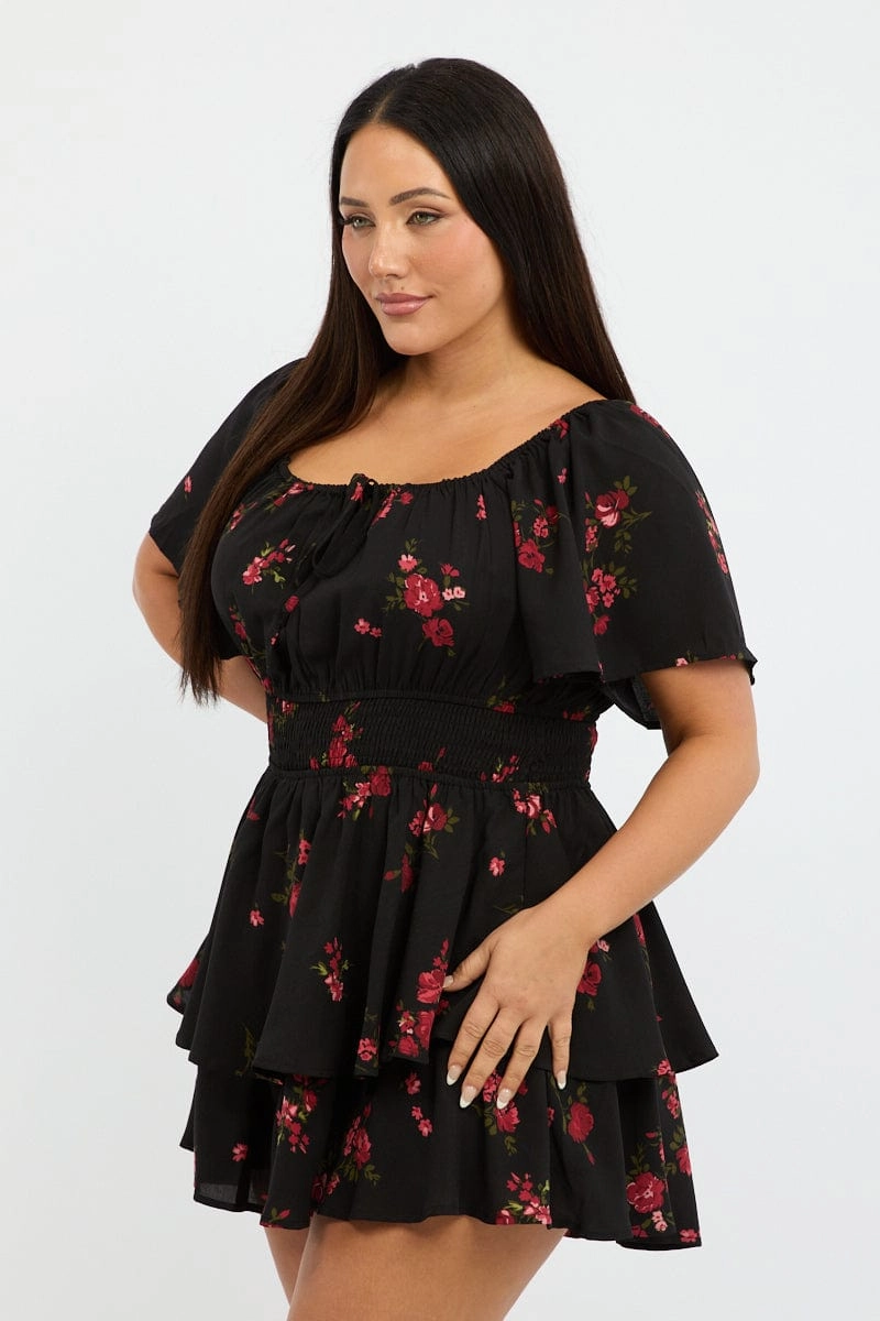 Black Floral Floral Playsuit Short Sleeve Family Glow V-Neck