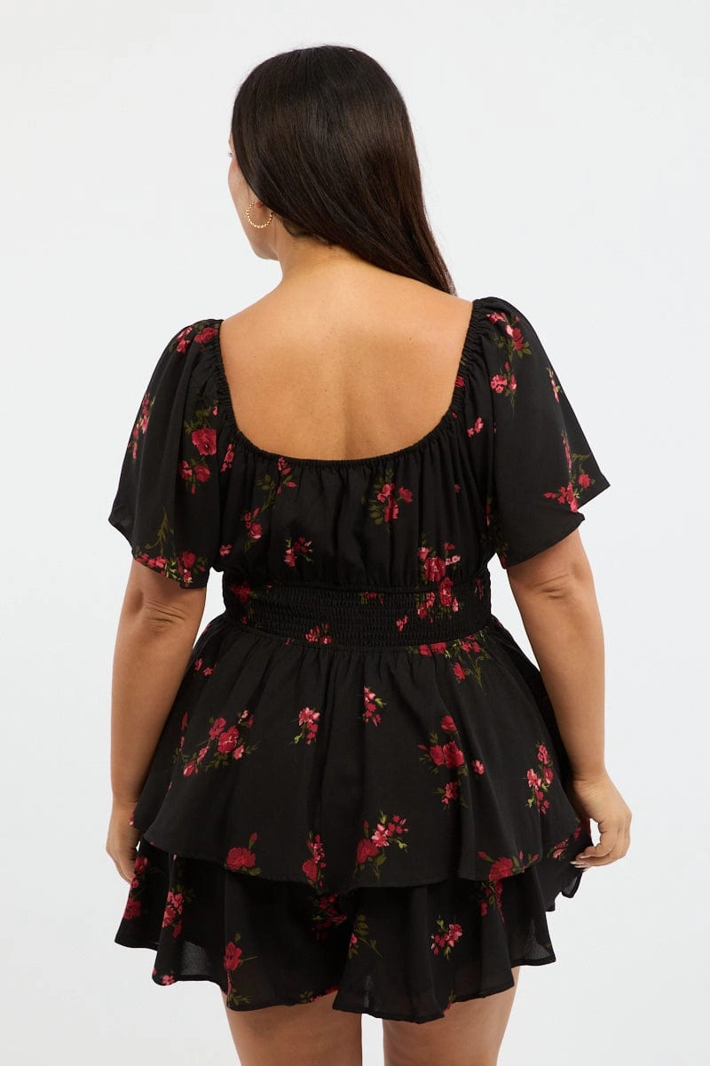 Black Floral Floral Playsuit Short Sleeve Lower Hem