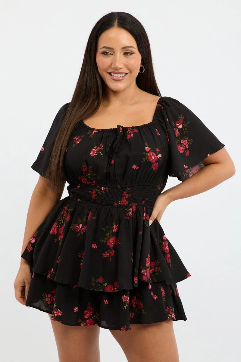 Black Floral Floral Playsuit Short Sleeve Texture Blend Modern Lines
