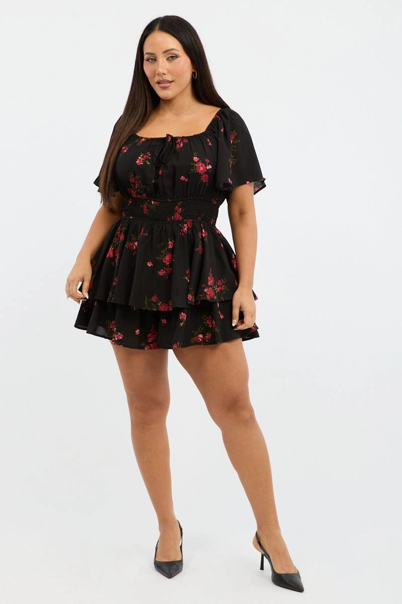 Black Floral Floral Playsuit Short Sleeve Effortless Touch