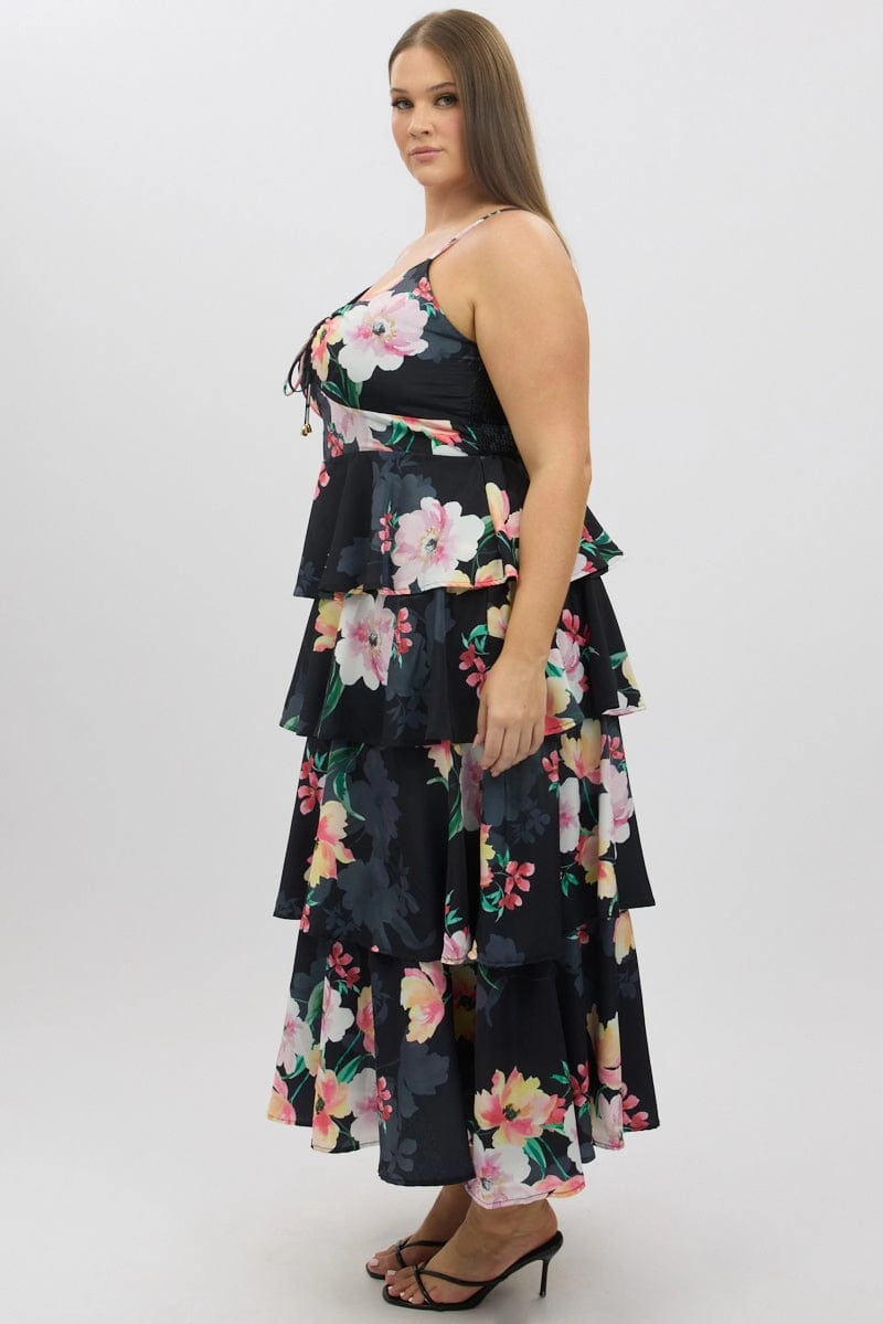 Color-Blocked Night wear Black Floral Maxi Dress Sleeveless Ruched Bust Tiered