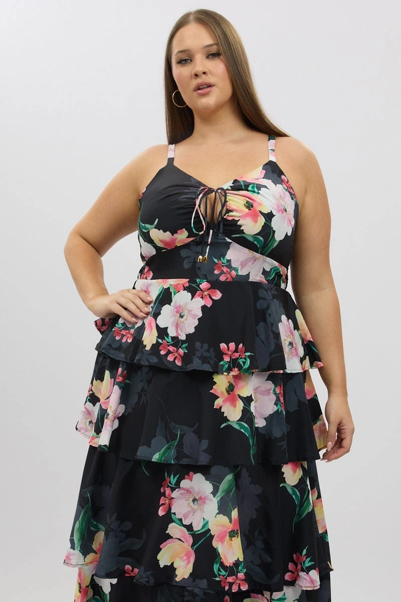 FadeResistantColor Fashionable Touch Black Floral Maxi Dress Sleeveless Ruched Bust Tiered