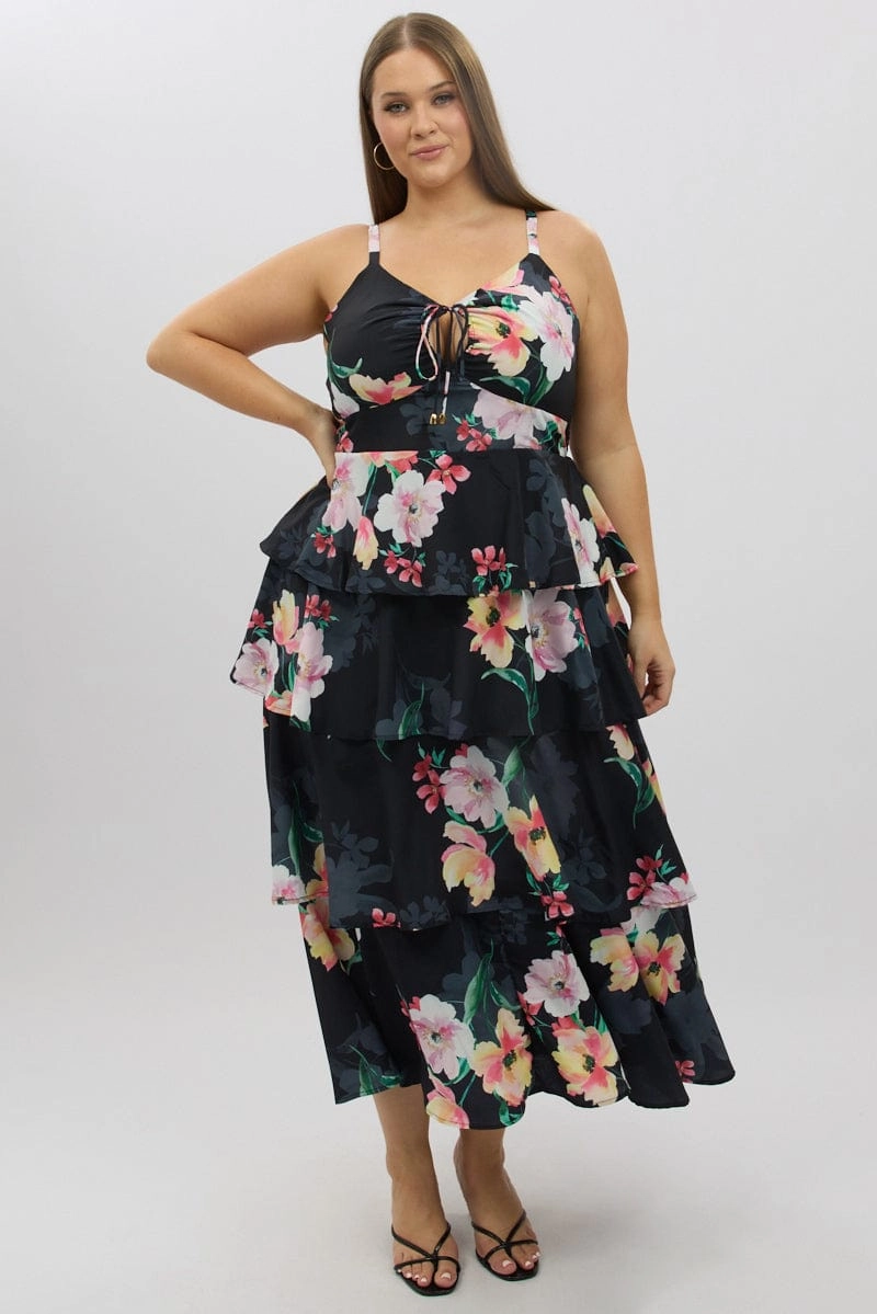 Black Floral Maxi Dress Sleeveless Ruched Bust Tiered Gentle Stitch