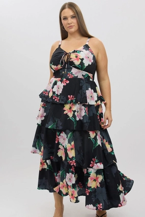 Black Floral Maxi Dress Sleeveless Ruched Bust Tiered Clean Drape Cozy Fit