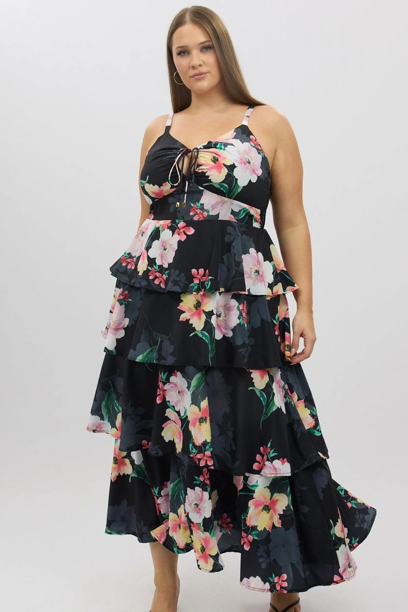 Black Floral Maxi Dress Sleeveless Ruched Bust Tiered Clean Drape Cozy Fit