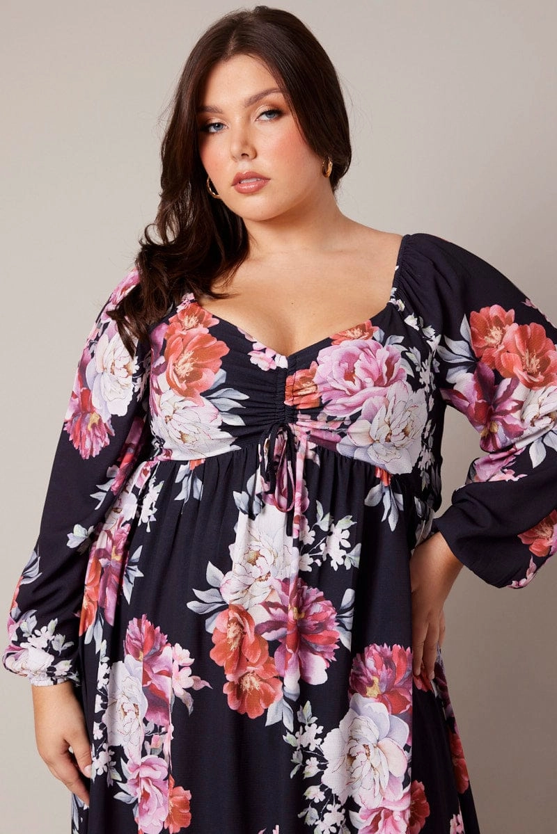 All Look Warm Season Black Floral Midi Dress Long Sleeve Ruched Bust