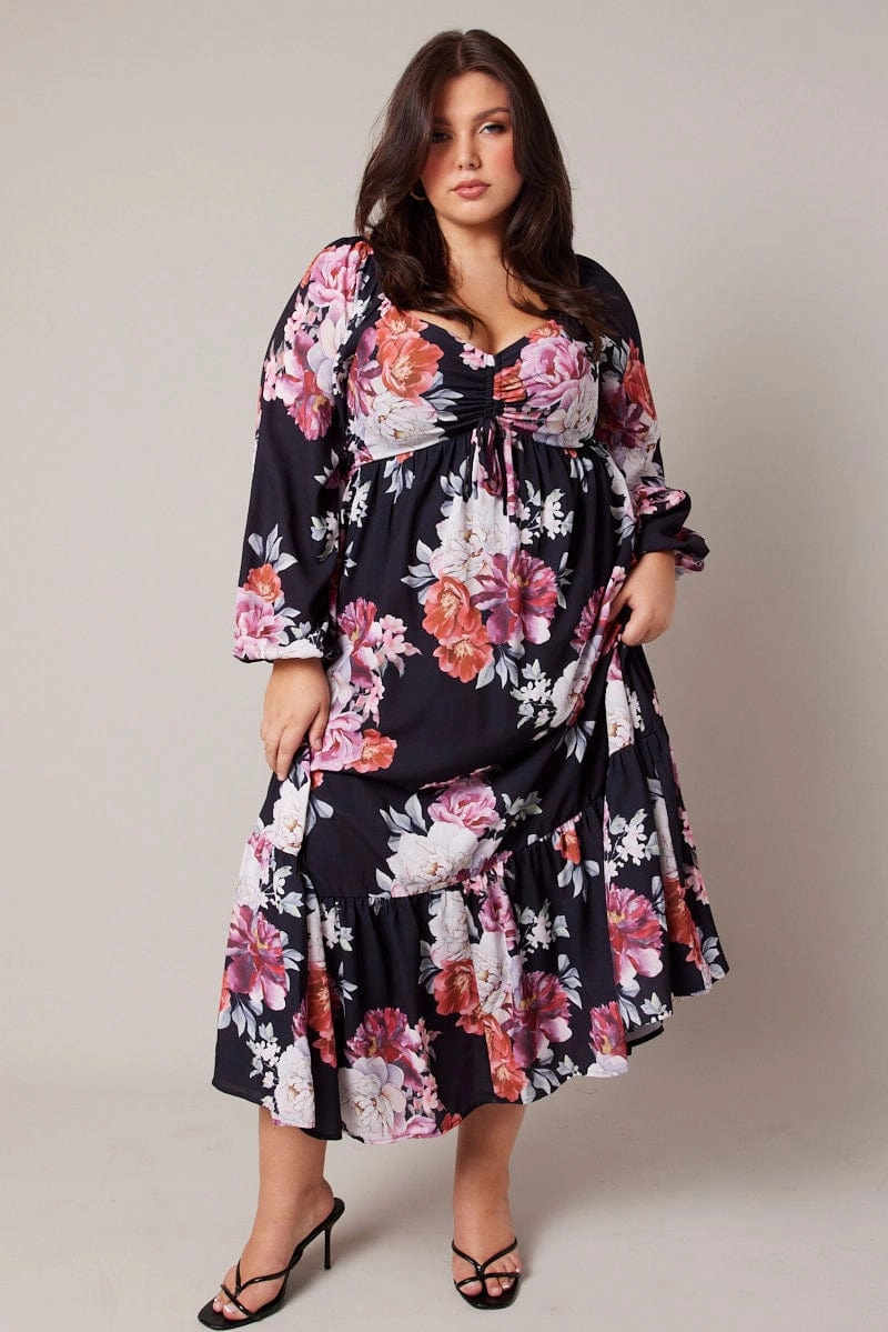Black Floral Midi Dress Long Sleeve Ruched Bust Chic Harmony Summer Wardrobe