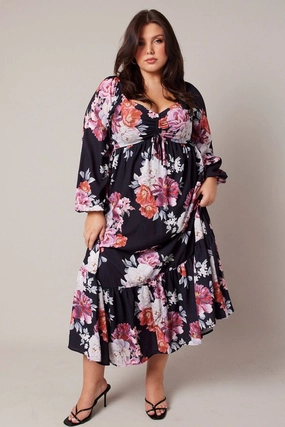 Black Floral Midi Dress Long Sleeve Ruched Bust Chic Harmony Summer Wardrobe