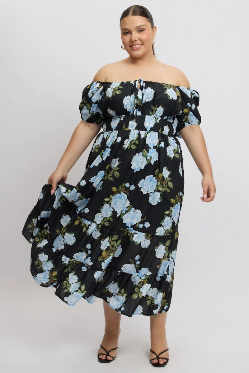 Black Floral Midi Dress Short Sleeve Ruched Bust Tiered Wedding Style