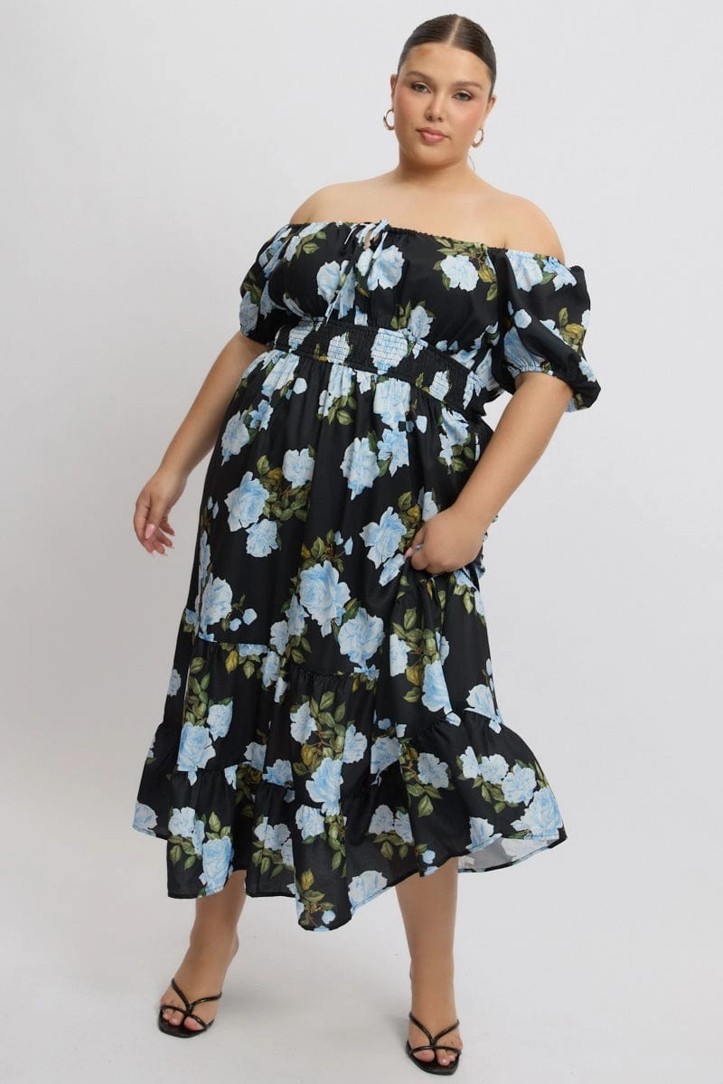 Black Floral Midi Dress Short Sleeve Ruched Bust Tiered Adjustable-Length Mood Comfort